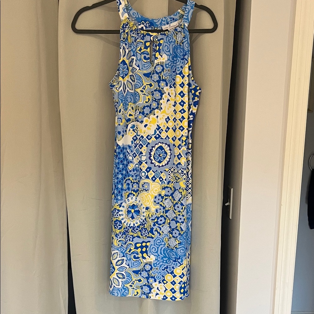 Jude Connally Blue and Yellow Patterned Women's  Keyhole neck Dress